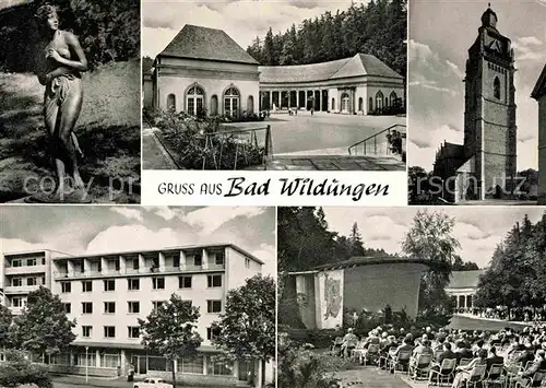 AK / Ansichtskarte Bad Wildungen Nymphe Wandelhalle Stadtkirche Sanatorium Helenenquelle Kurkonzert Kat. Bad Wildungen