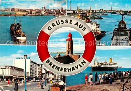AK / Ansichtskarte Bremerhaven Hafen Schiffe Dampfer Leuchtturm Rettungsring Strassenpartie Kat. Bremerhaven