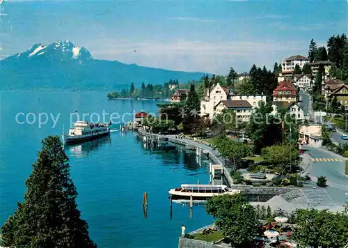 AK / Ansichtskarte Weggis Vierwaldstaettersee Promenade mit Pilatus Bootsanleger Faehre