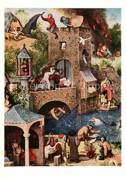 Ak Ansichtskarte Kuenstlerkarte P Brueghel Sprichwoerter Federn Brand Teufel Beichte Fuchs Kat Kuenstlerkarte Nr Kb Oldthing Ansichts
