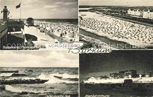 AK / Ansichtskarte Borkum Nordseebad Badestrand Musikpavillon Stuermische See Abendstimmung Luftbild Kupfertiefdruck Kat. Borkum