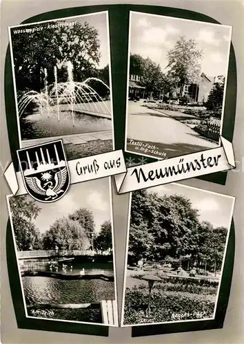 AK / Ansichtskarte Neumuenster Schleswig Holstein Textil Fachschule Wasserspiele Klosterinsel Am Teich Kat. Neumuenster