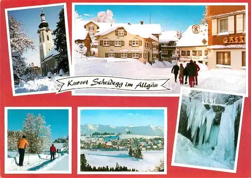 AK / Ansichtskarte Scheidegg Allgaeu Ortsmotiv mit Kirche Kurort Wintersportplatz Langlaufloipe Eiszapfen Wasserfall Kat. Scheidegg