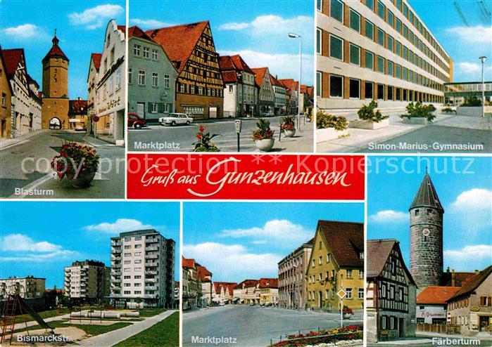 Ak Ansichtskarte Gunzenhausen Altmuehlsee Blasturm Marktplatz Simon Marius Gymnasium Faerberturm Bismarckstrasse Hochhaeuser Kat Gunzenhausen Nr