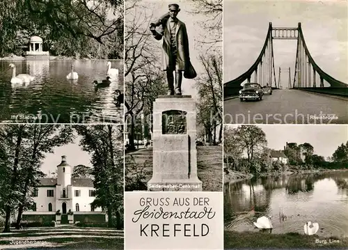AK / Ansichtskarte Krefeld Rheinbruecke Stadtwald Jugendherberge Burg Linn Seidenweber Denkmal Kat. Krefeld
