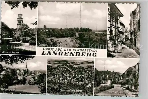 AK / Ansichtskarte Langenberg Rheinland Bismarckturm Sender Bachstrasse Teilansicht Stadtblick Buergerhaus Kat. Velbert