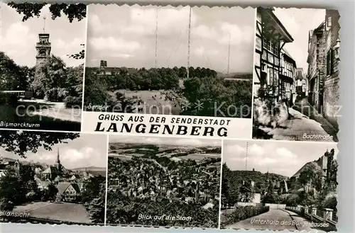 AK / Ansichtskarte Langenberg Rheinland Bismarckturm Sender Bachstr Teilansicht Stadtblick Buergerhaus Kat. Velbert