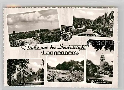 AK / Ansichtskarte Langenberg Rheinland Sender Strassenpartie Buergerhaus Jugendherberge Schwimmbad Bismarkturm Kat. Velbert