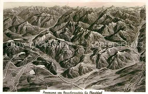 AK / Ansichtskarte Fuessen Allgaeu Panoramakarte von Neuschwanstein bis Oberstdorf Kat. Fuessen