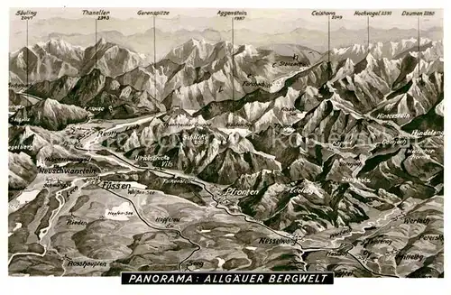 AK / Ansichtskarte Fuessen Allgaeu Panoramakarte Allgaeuer Bergwelt Kat. Fuessen
