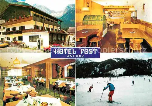 AK / Ansichtskarte Antholz Rasen Hotel Post Skifahrer