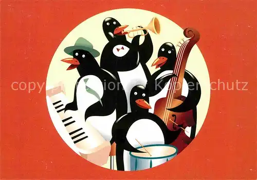 AK / Ansichtskarte Vermenschlicht Pinguine Musikanten Klavier Cello Trommel Trompete  Kat. Kuenstlerkarte