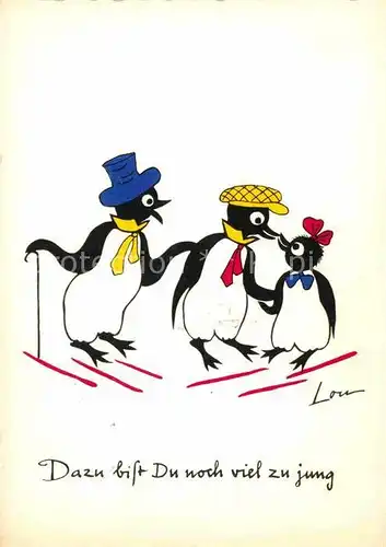AK / Ansichtskarte Vermenschlicht Pinguine Kuenstlerkarte Lou Hutmode Krawatte Kat. Kuenstlerkarte