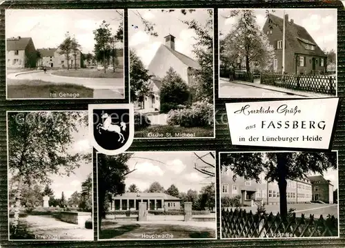 AK / Ansichtskarte Fassberg Im Gehege Ehrenhais Hauptwache Volksschule Kirche Sankt Michael Kat. Fassberg