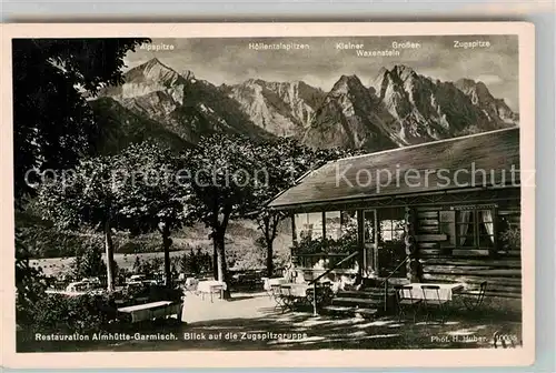 AK / Ansichtskarte Garmisch Partenkirchen Restauration Almhuette mit Zugspitzgruppe Kat. Garmisch Partenkirchen