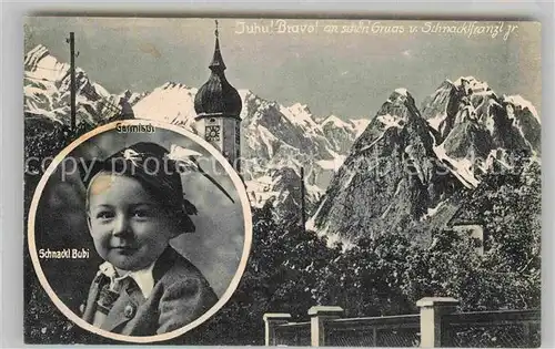 AK / Ansichtskarte Garmisch Partenkirchen Schnackl Bubi Kirche Zugspitze Kat. Garmisch Partenkirchen