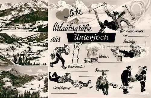 AK / Ansichtskarte Unterjoch Panorama Teilansicht Lustiger Skifahrer Kat. Bad Hindelang
