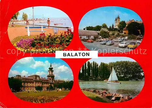 AK / Ansichtskarte Balaton Plattensee Uferpromenade Strandbad Kirche Segeln Kat. Ungarn