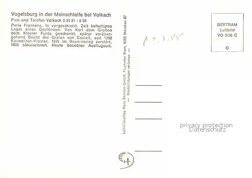 AK / Ansichtskarte Volkach Vogelsberg in der Mainschleife Fliegeraufnahme Kat. Volkach Main