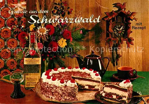 AK / Ansichtskarte Lebensmittel Schwarzwaelder Kirschtorte Rezept Kuckucksuhr Kat. Lebensmittel