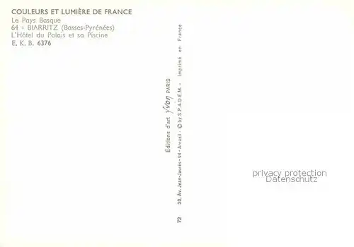 AK / Ansichtskarte Biarritz Pyrenees Atlantiques Hotel du Palais et sa Piscine vue aerienne Collection Couleurs et Lumiere de France Kat. Biarritz
