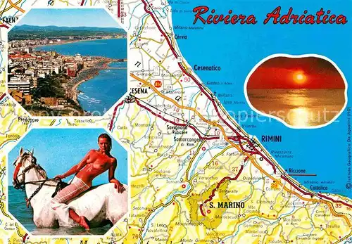 AK / Ansichtskarte Rimini Panorama Kueste Badenixe auf einem Pferd Landkarte Riviera Adriatica Kat. Rimini
