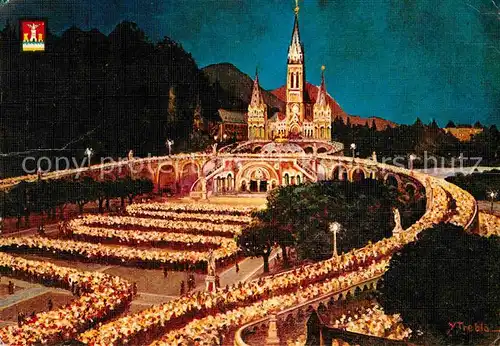 AK / Ansichtskarte Lourdes Hautes Pyrenees Basilique illuminee Procession aux Flambeaux Basilika Prozession Kat. Lourdes