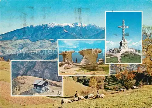 AK / Ansichtskarte Brasov Monti Bucegi Cabana Caraiman Gebirgspanorama Felsen Gipfelkreuz Schafherde Berghaus Kat. Kronstadt Brasov