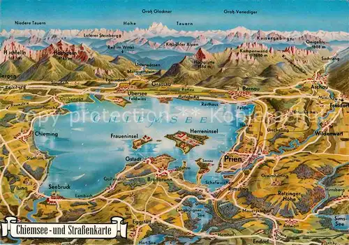 AK / Ansichtskarte Chiemsee und Umgebung Strassenkarte Alpenpanorama aus der Vogelperspektive Kat. Chiemsee