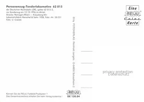 AK / Ansichtskarte Lokomotive Personenzug Tenderlokomotive 62015 Deutsche Reichsbahn  Kat. Eisenbahn