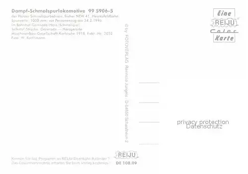 AK / Ansichtskarte Lokomotive Dampf Schmalspurlokomotive 995906 5 Harzer Schmalspurbahn  Kat. Eisenbahn