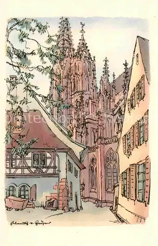 AK / Ansichtskarte Freiburg Breisgau Alte Muensterbauhuette mit Muenster Zeichnung Kat. Freiburg im Breisgau