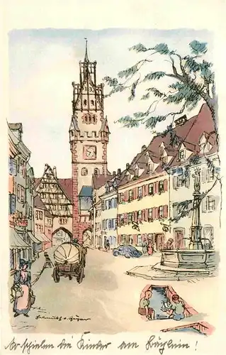 AK / Ansichtskarte Freiburg Breisgau Oberlinden mit Schwabentor Originalzeichnung Kat. Freiburg im Breisgau