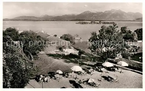 AK / Ansichtskarte Gstadt Chiemsee Gasthaus zum Jaegerwirt Pergolaterrasse Seeblick  Kat. Gstadt a.Chiemsee