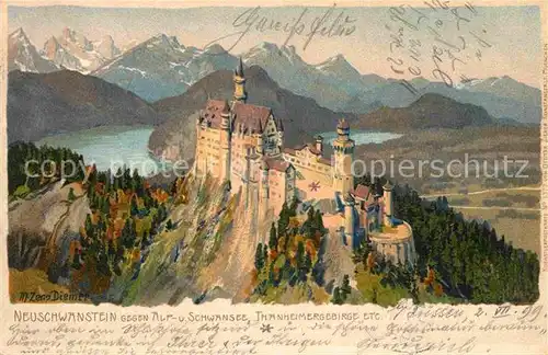 AK / Ansichtskarte Diemer Zeno Litho Schloss Neuschwanstein Alpsee Schwansee Litho Kat. Kuenstlerkarte
