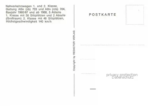 AK / Ansichtskarte Eisenbahn Nahverkehrswagen 1. und 2. Klasse ABn 703 ABn 704 Kat. Eisenbahn