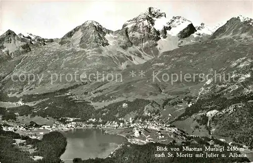 AK / Ansichtskarte Muottas Muragl Panorama Blick nach St Moritz mit Julier und Albana Alpenpanorama Kat. Muottas Muragl