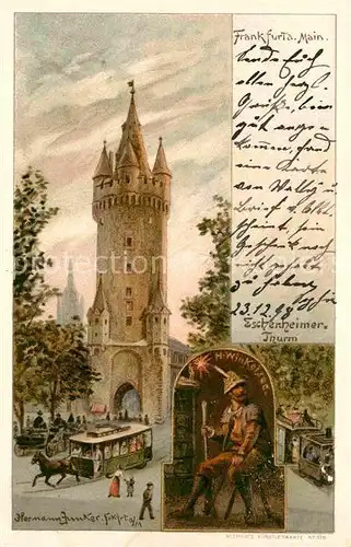 AK / Ansichtskarte Frankfurt Main Eschenheimer Turm Hans Winkelsee Strassenabahn Hermann Junker Litho  Kat. Frankfurt am Main