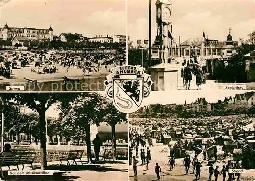 AK / Ansichtskarte Ahlbeck Ostseebad Strand Seebruecke Stranduhr Musikpavillon Wappen Kat. Heringsdorf Insel Usedom