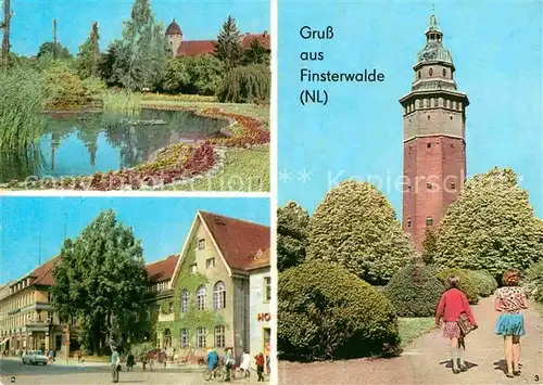 AK / Ansichtskarte Finsterwalde Goldfischteich Schlosspark Post Sparkasse Wasserturm Kat. Finsterwalde