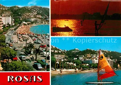 AK / Ansichtskarte Rosas Costa Brava Cataluna Uferstrasse Windsurfen Sonnenuntergang am Meer Kat. Alt Emporda