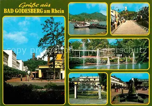 AK / Ansichtskarte Bad Godesberg Teilansichten Rheinpartie Bootsanleger Wasserspiele Brunnen Platz Kat. Bonn