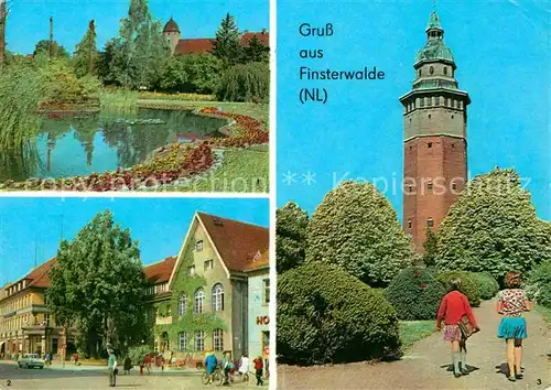AK / Ansichtskarte Finsterwalde Goldfischteich Schlosspark Post Sparkasse Wasserturm Kat. Finsterwalde