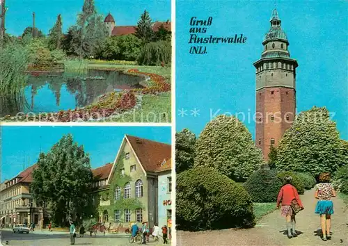 AK / Ansichtskarte Finsterwalde Goldfischteich Schlosspark Post Sparkasse Wasserturm Kat. Finsterwalde
