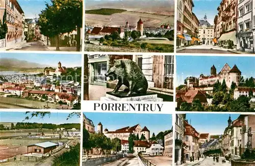 AK / Ansichtskarte Porrentruy Teilansichten Schloss Wildschein Skulptur Tennisplatz Kat. Porrentruy