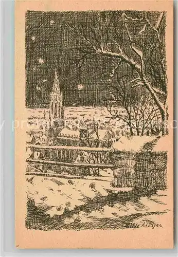 AK / Ansichtskarte Freiburg Breisgau Winternacht mit Muenster Zeichnung Kat. Freiburg im Breisgau