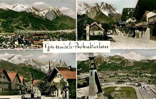 AK / Ansichtskarte Garmisch Partenkirchen Total mit Zugspitze Fruehlingstr Floriansplatz Skistadion Kat. Garmisch Partenkirchen