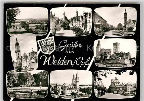 AK / Ansichtskarte Weiden Oberpfalz Burg Leuchtenberg Rathaus Kirche Marktplatz Max Reger Anlage Kat. Weiden i.d.OPf.