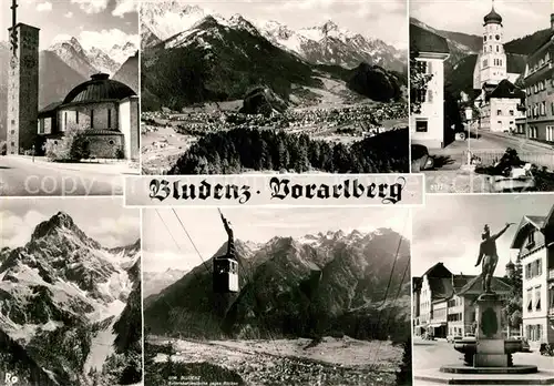 AK / Ansichtskarte Bludenz Vorarlberg Ortsmotiv mit Kirche Brunnen Statue Bergbahn Alpenpanorama Kat. Bludenz