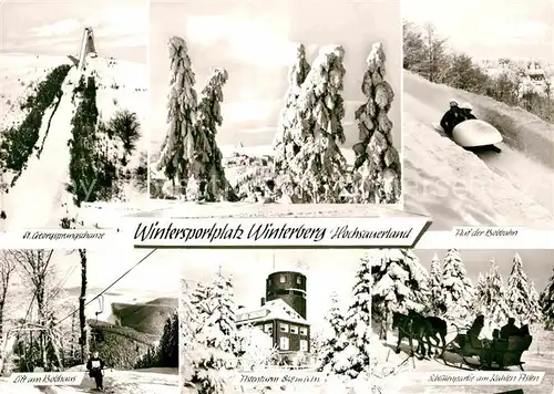 AK / Ansichtskarte Winterberg Hochsauerland St Georgssprungschanze Skispringen Bobbahn Schlittenpartie Kahler Asten Astenturm Sessellift Winterpanorama Kat. Winterberg